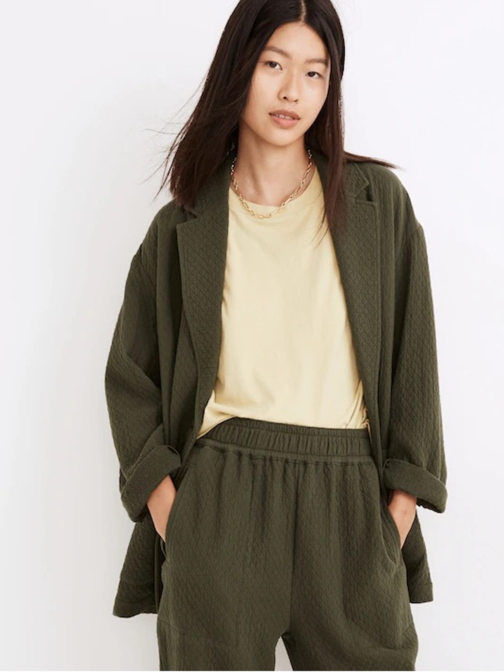 Madewell Diamond Jacquard Shaw Blazer in Dark Forest Green Gauzy Oversized